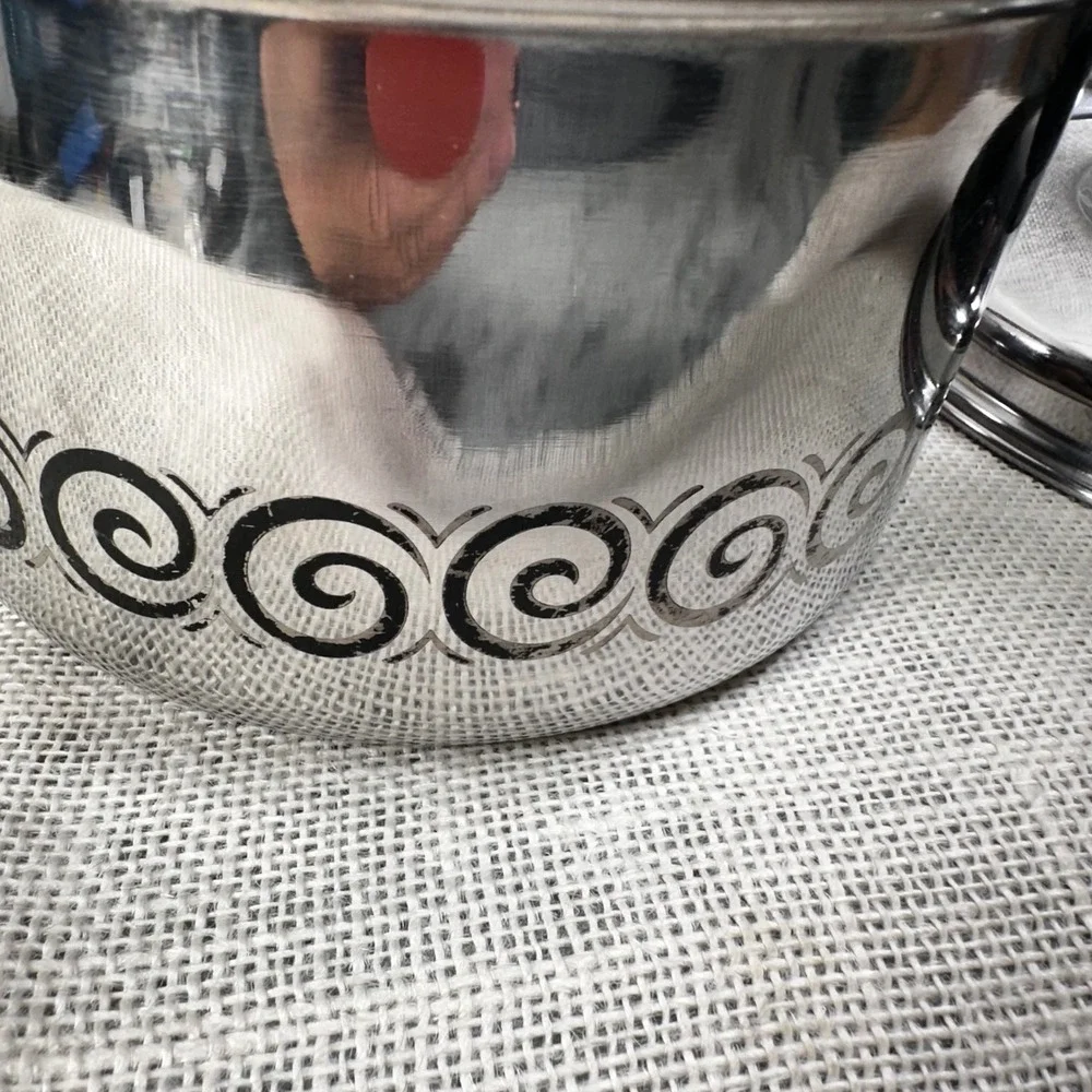 Vintage EKCO 2 Qt Stainless Steel‎ Saucepan Black Scroll MCM Retro w 2 Lids